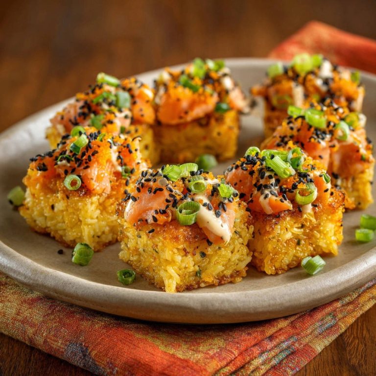 Crispy salmon sushi bites plated and presented in a close-up view, showcasing their golden texture and vibrant toppings.