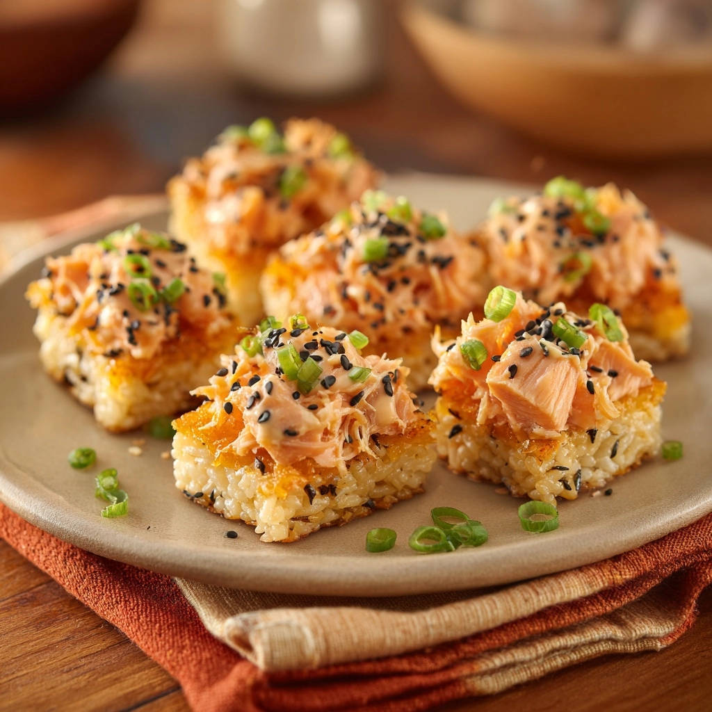 Crispy salmon sushi bites are plated on a light brown dish, garnished with sesame seeds and scallions.