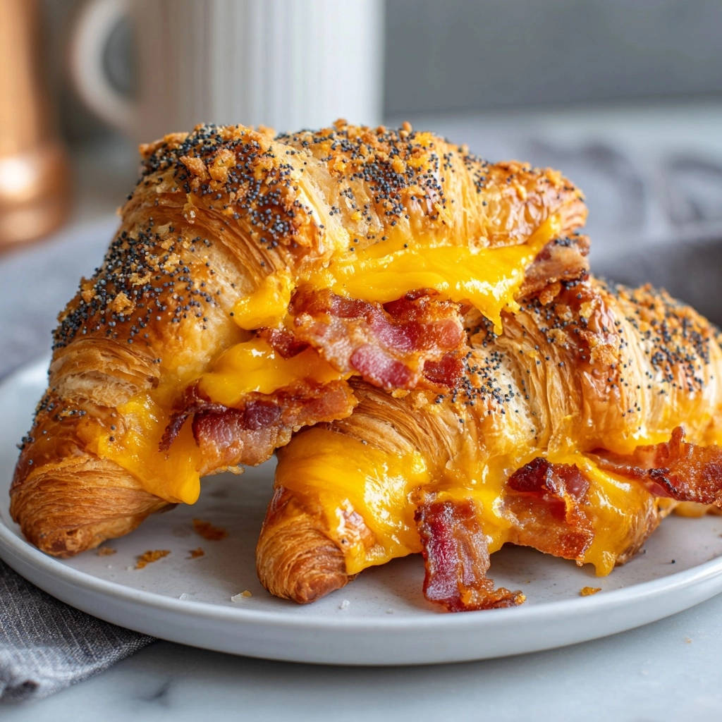 Croissant breakfast sandwich close-up showing melted cheddar cheese and crispy bacon between flaky pastry.