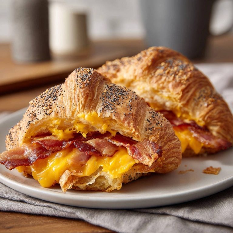 Croissant breakfast sandwich cross-section showing layers of bacon, scrambled egg, and melted cheese.