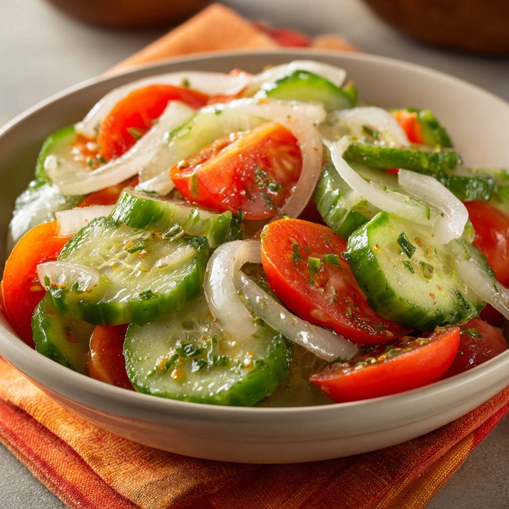 My Go-To Cucumber Tomato Salad close-up view showing sliced ingredients in a rustic bowl.