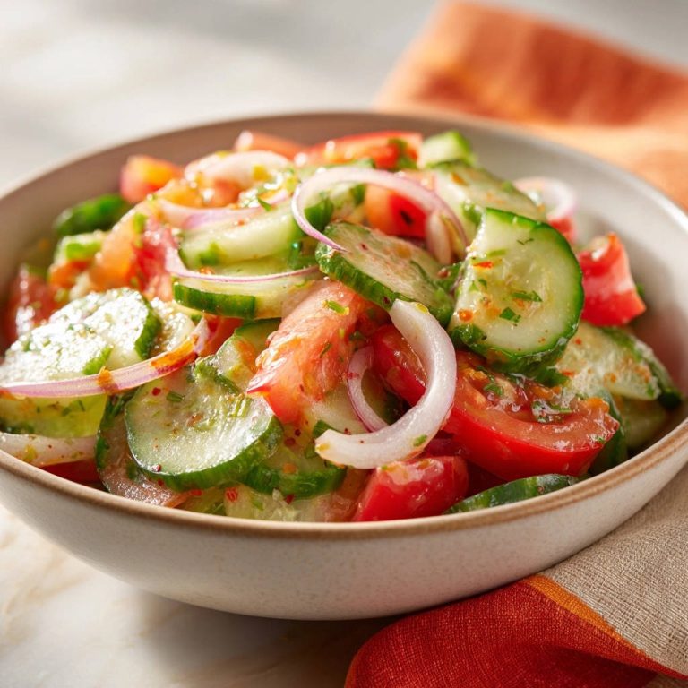 Cucumber tomato salad in a bowl, featuring sliced cucumbers, tomatoes, and red onion with a light dressing.