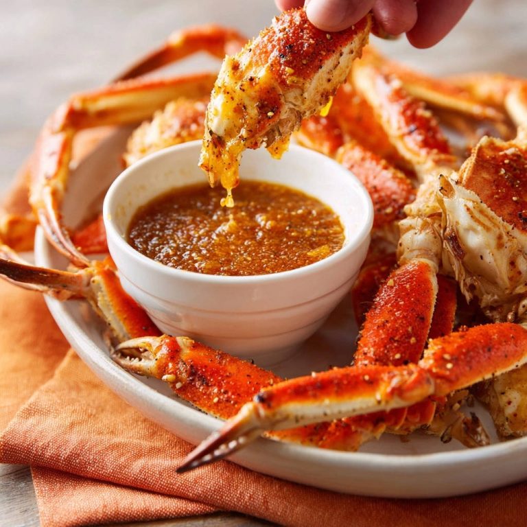 Easy baked crab legs being dipped into a savory sauce, showcasing tender and juicy meat.