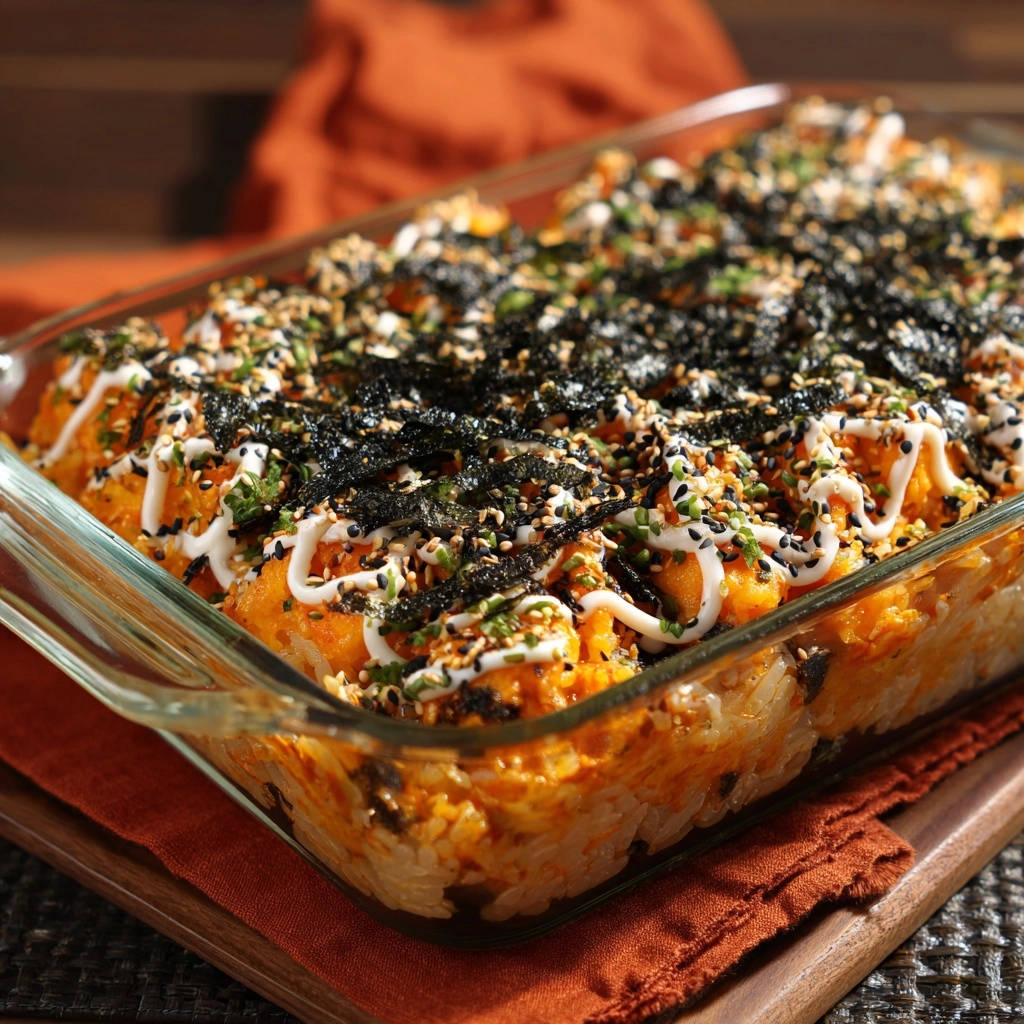 Easy sushi bake close-up showing the layers of rice, creamy topping, and nori garnish.