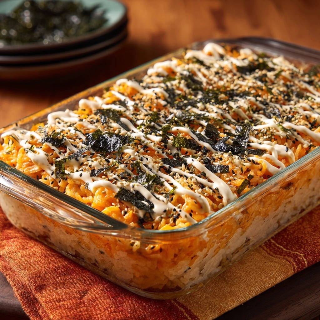 Easy sushi bake with nori, sesame seeds, and a drizzle of mayonnaise shown from a top-down view.