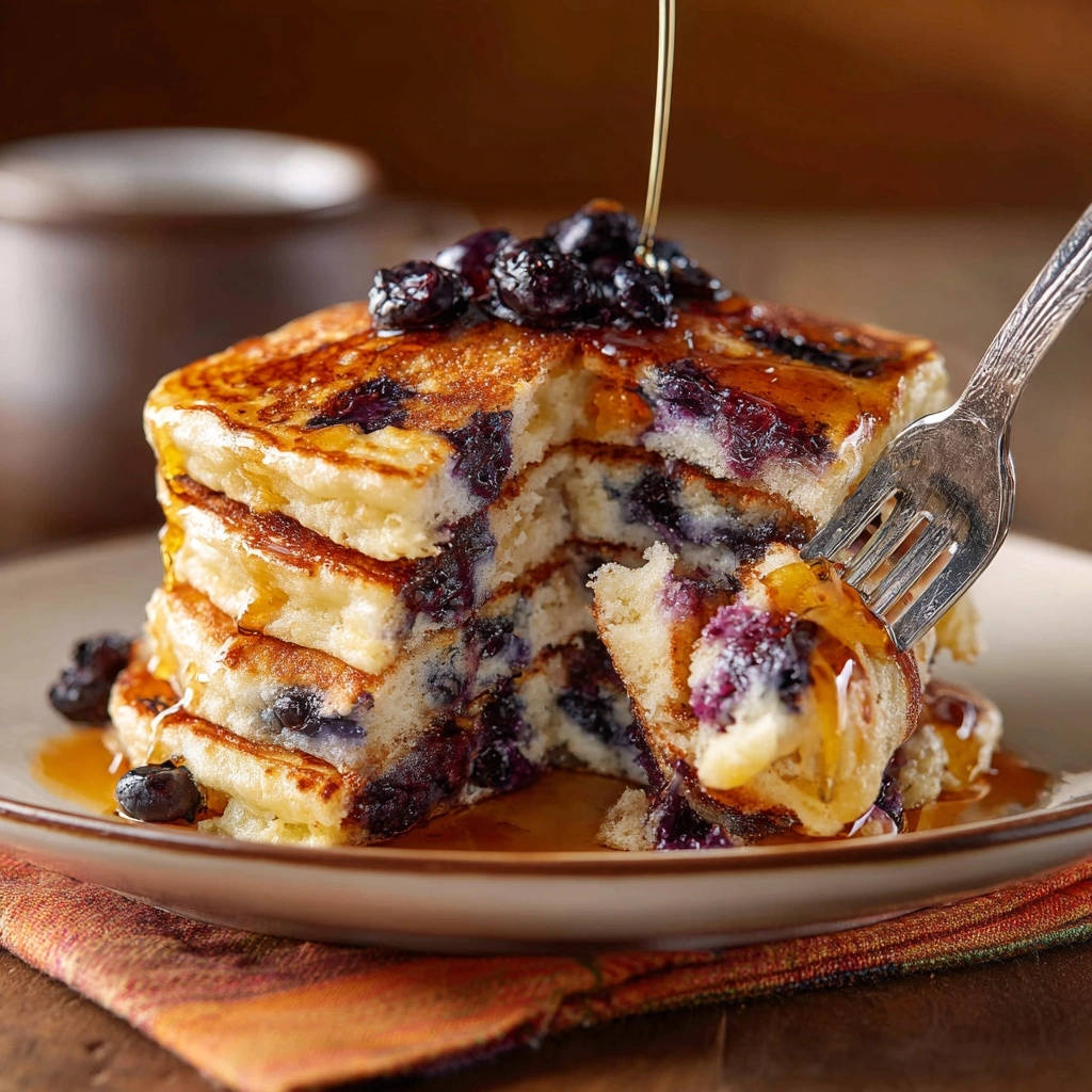 Fluffy blueberry pancakes with syrup being forked out, showing a close-up cross-section with blueberries.