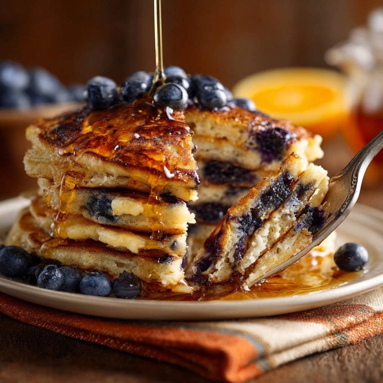 Fluffy blueberry pancakes stacked high, with a fork revealing a detailed cross-section of the fluffy interior.