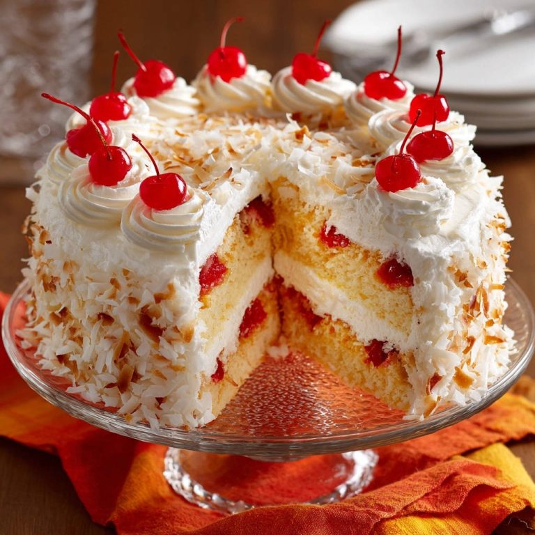 Fluffy coconut cherry cake sliced to reveal moist layers and cherry filling, topped with whipped cream and cherries.