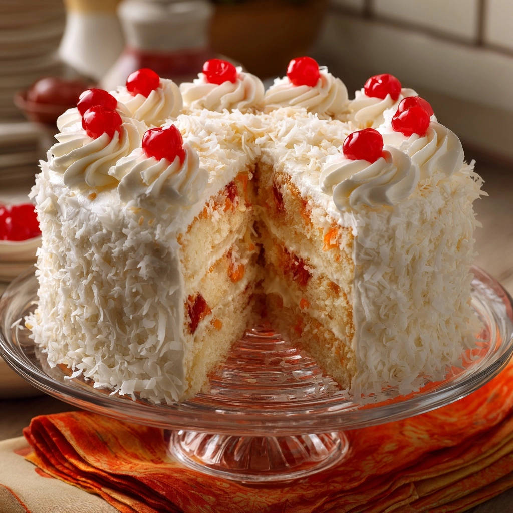 Fluffy coconut cherry cake shown in a cross-section, revealing layers filled with bright red cherries and white frosting.