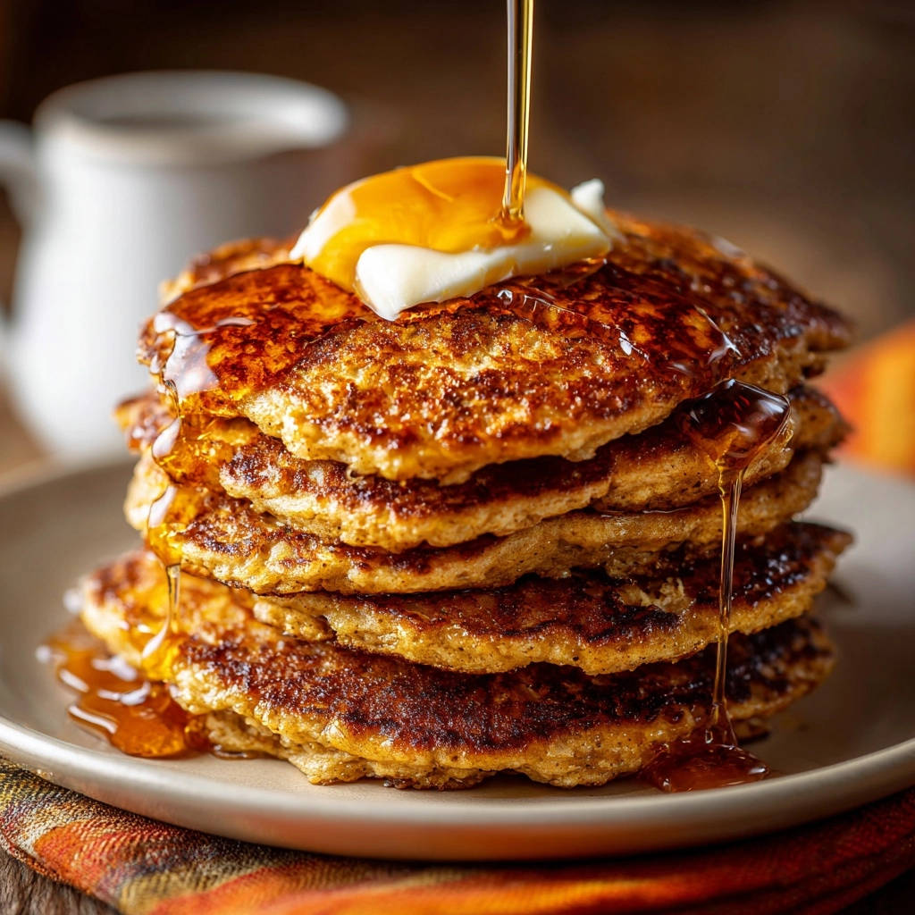 Fluffy oatmeal pancakes with a pat of butter and maple syrup being drizzled on top.