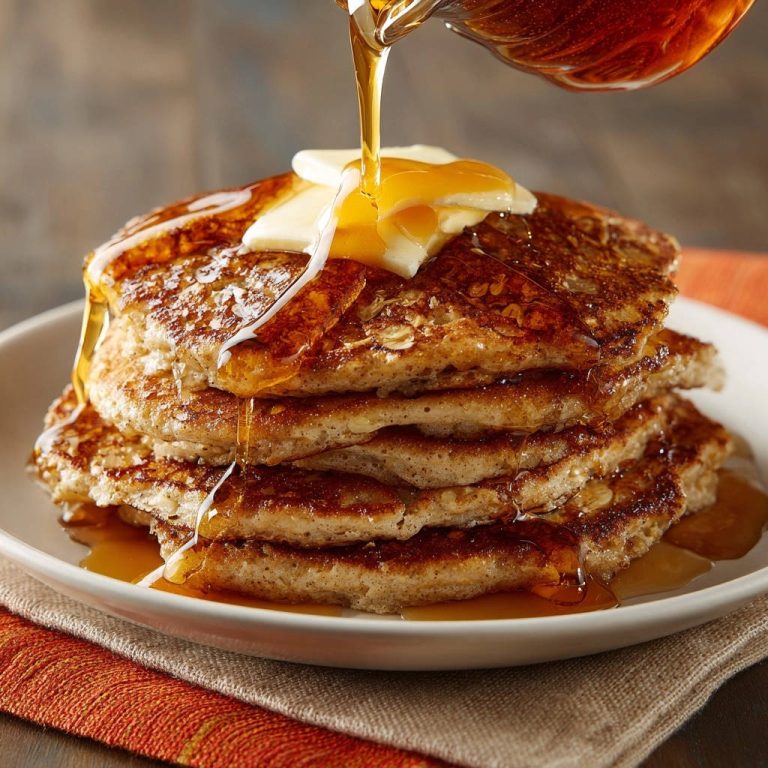 Fluffy oatmeal pancakes with butter and syrup being poured over the stack.