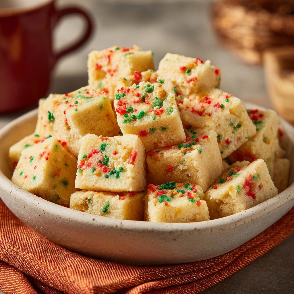 Funfetti snack cakes with colorful red and green sprinkles visible in a close-up view of the baked squares.