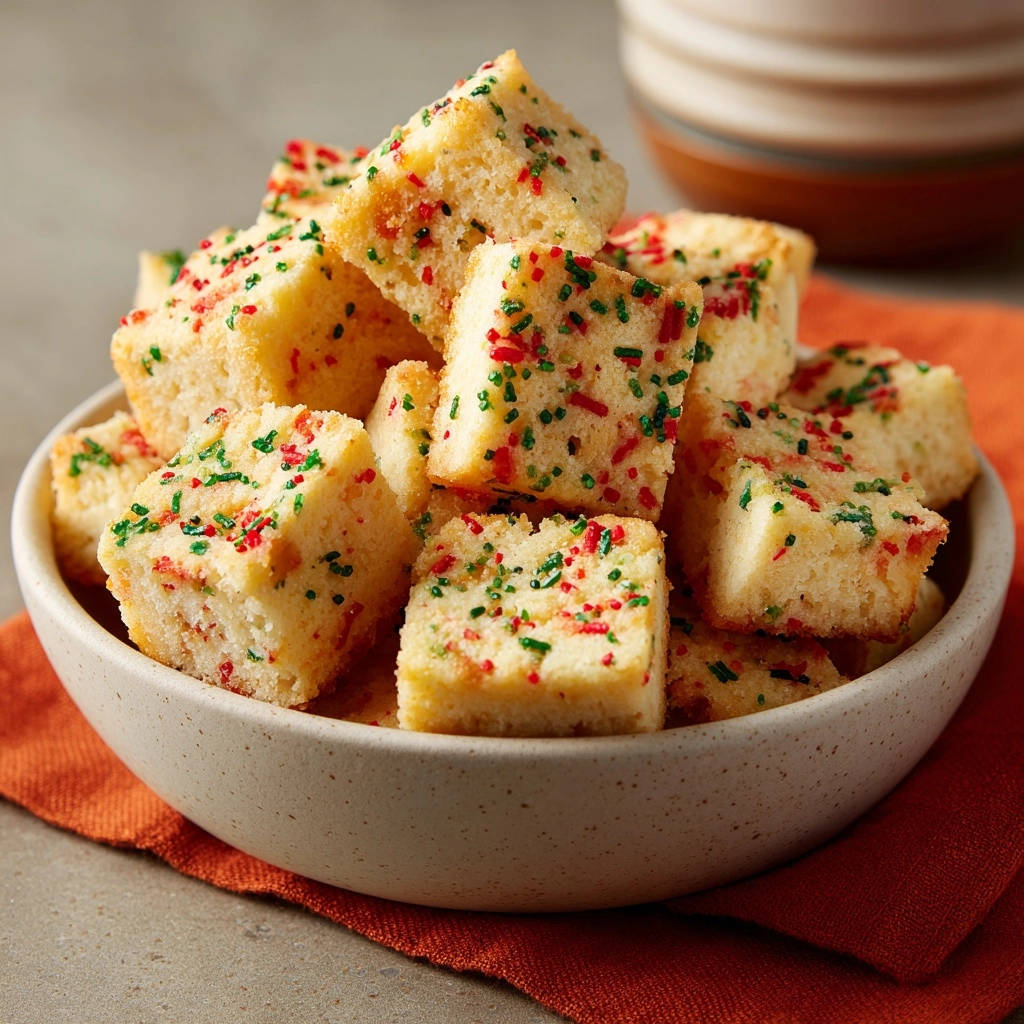 Funfetti snack cakes with vibrant red and green sprinkles piled high in a bowl, close-up detail.