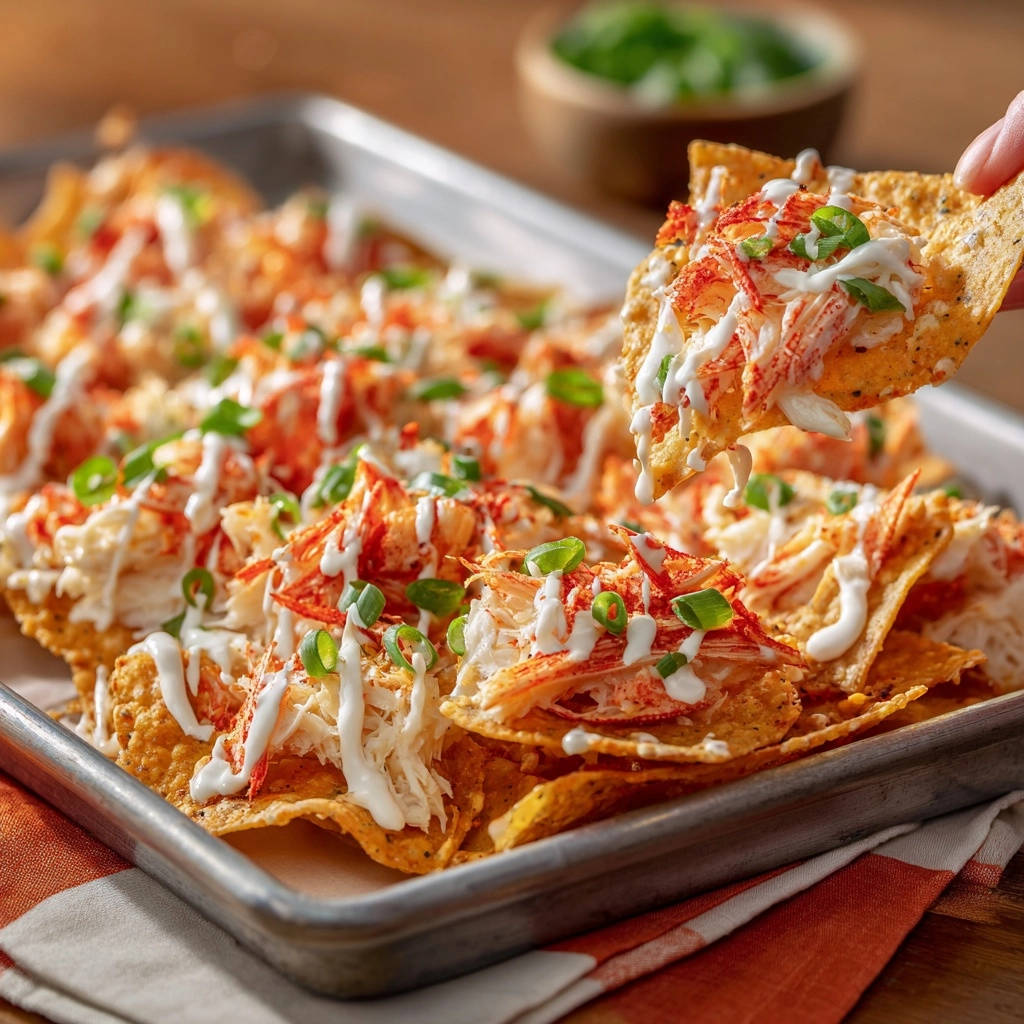 Game Day Buffalo Chicken Nachos with a single chip being scooped from the tray, topped with chicken and sauce.