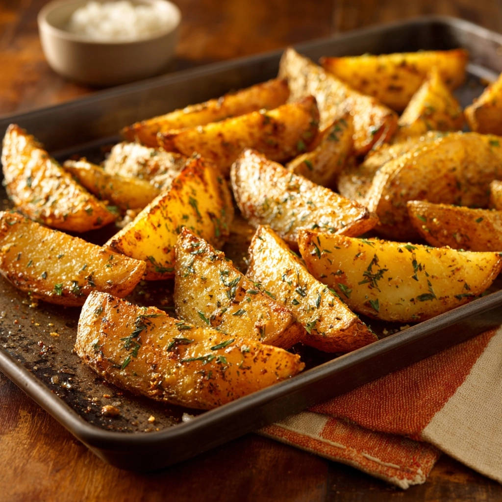 Garlic herb roasted potato wedges shown in a close-up view, highlighting their seasoned texture on a baking sheet.