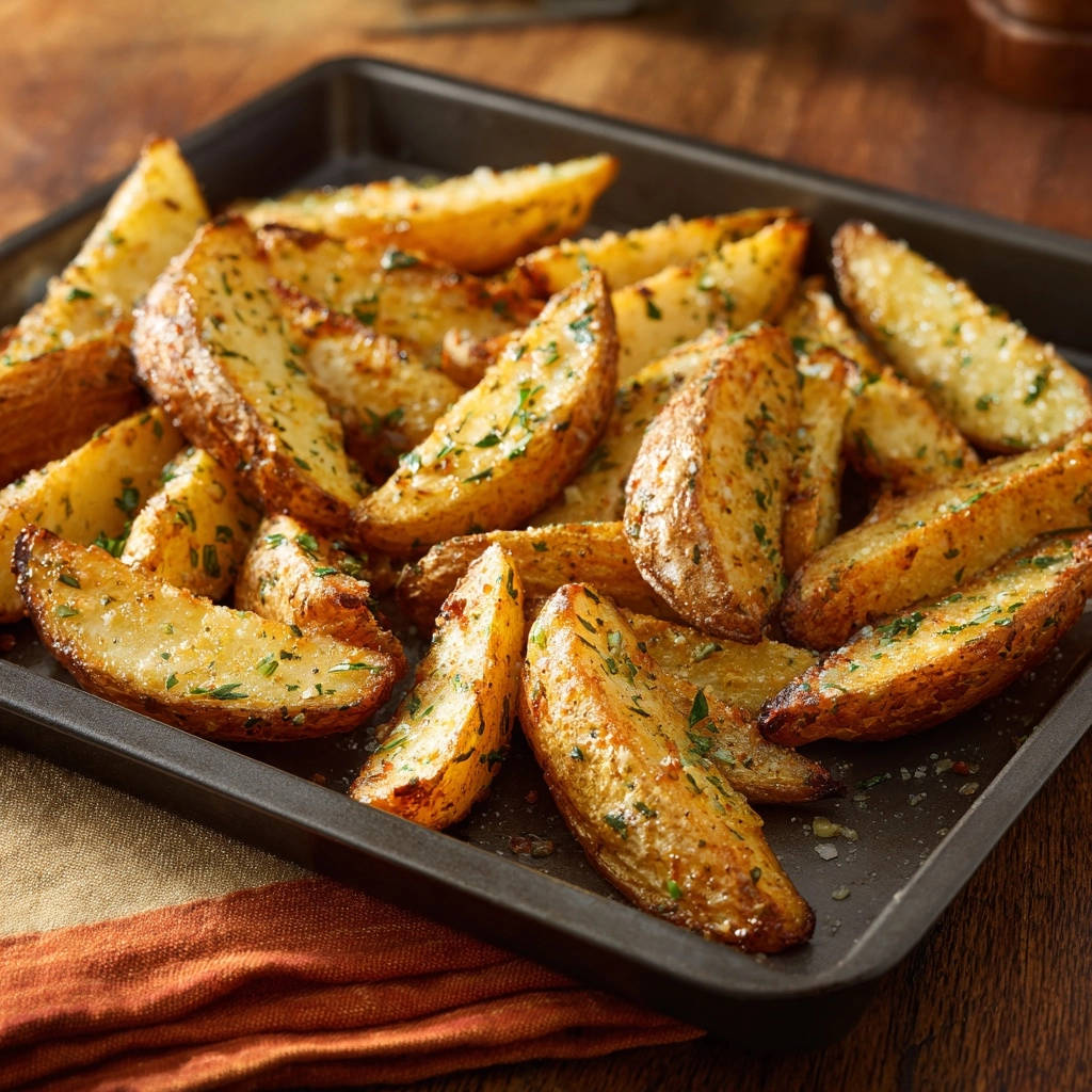 Garlic herb roasted potato wedges shown piled high on a dark baking tray with a close-up view of their seasoned texture.