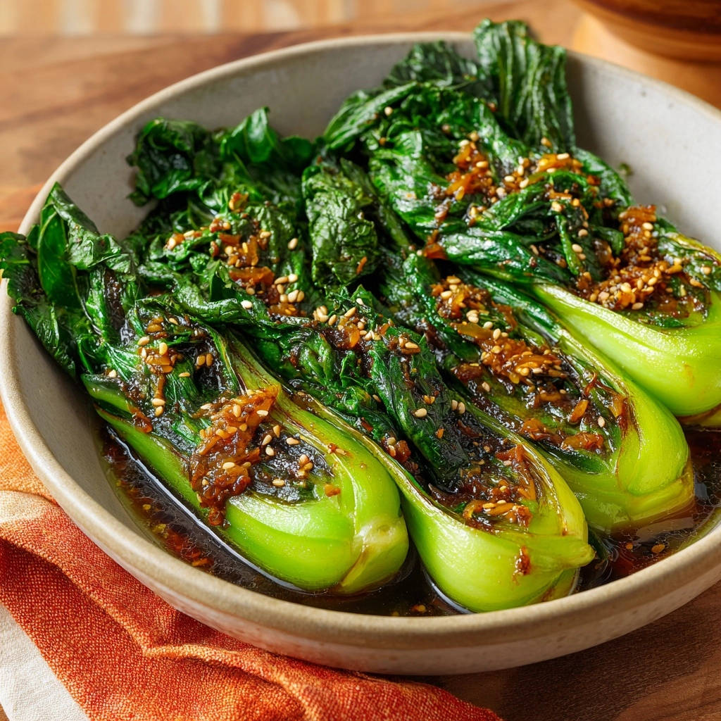 Easy Garlic Sesame Bok Choy with a glistening glaze and sesame seeds in a serving bowl.