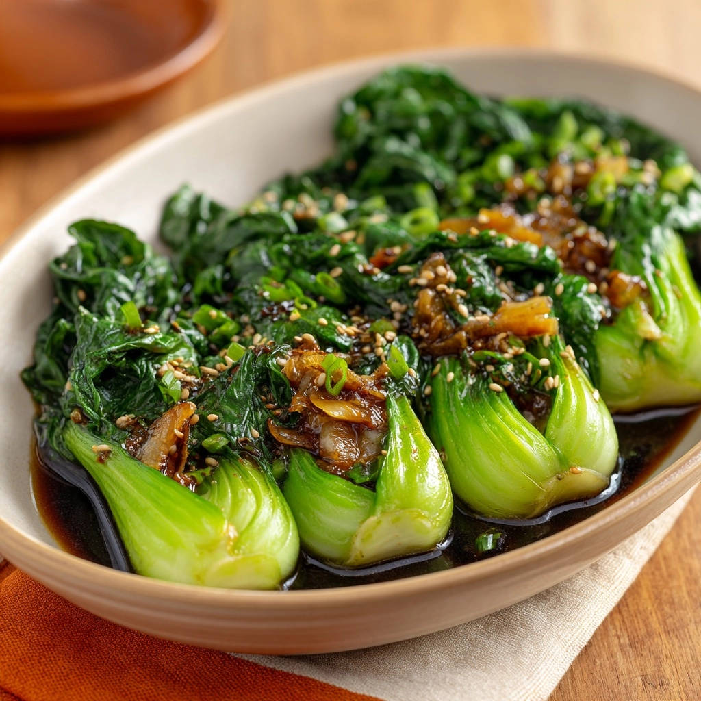 Easy Garlic Sesame Bok Choy glazed in dark sauce, garnished with sesame seeds and scallions.