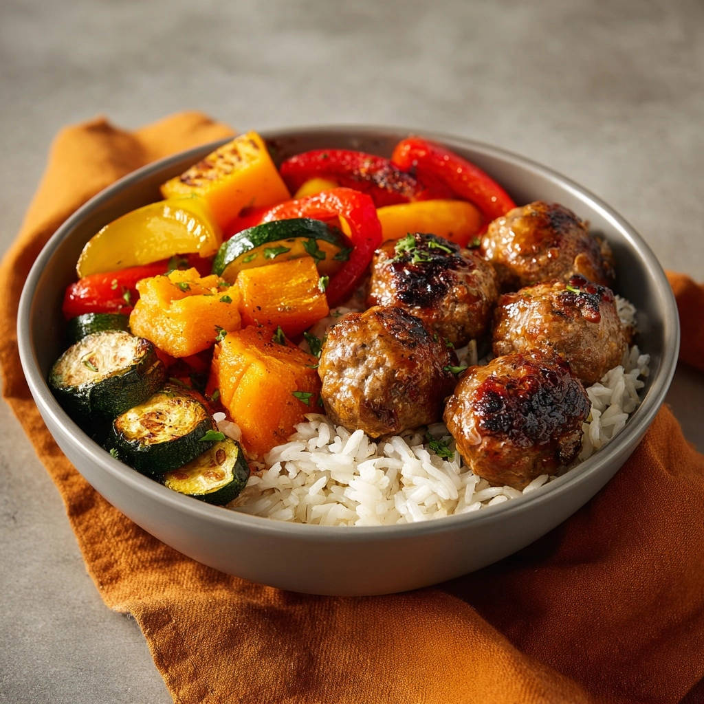 Glazed meatball & veggie bowl is shown from an overhead view, featuring rice, meatballs, and colorful roasted vegetables.