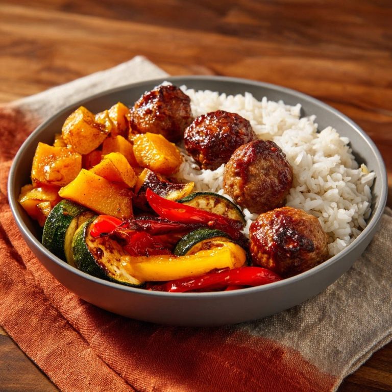 Glazed meatball & veggie bowl with rice, zucchini, peppers, and squash in a close-up side view.