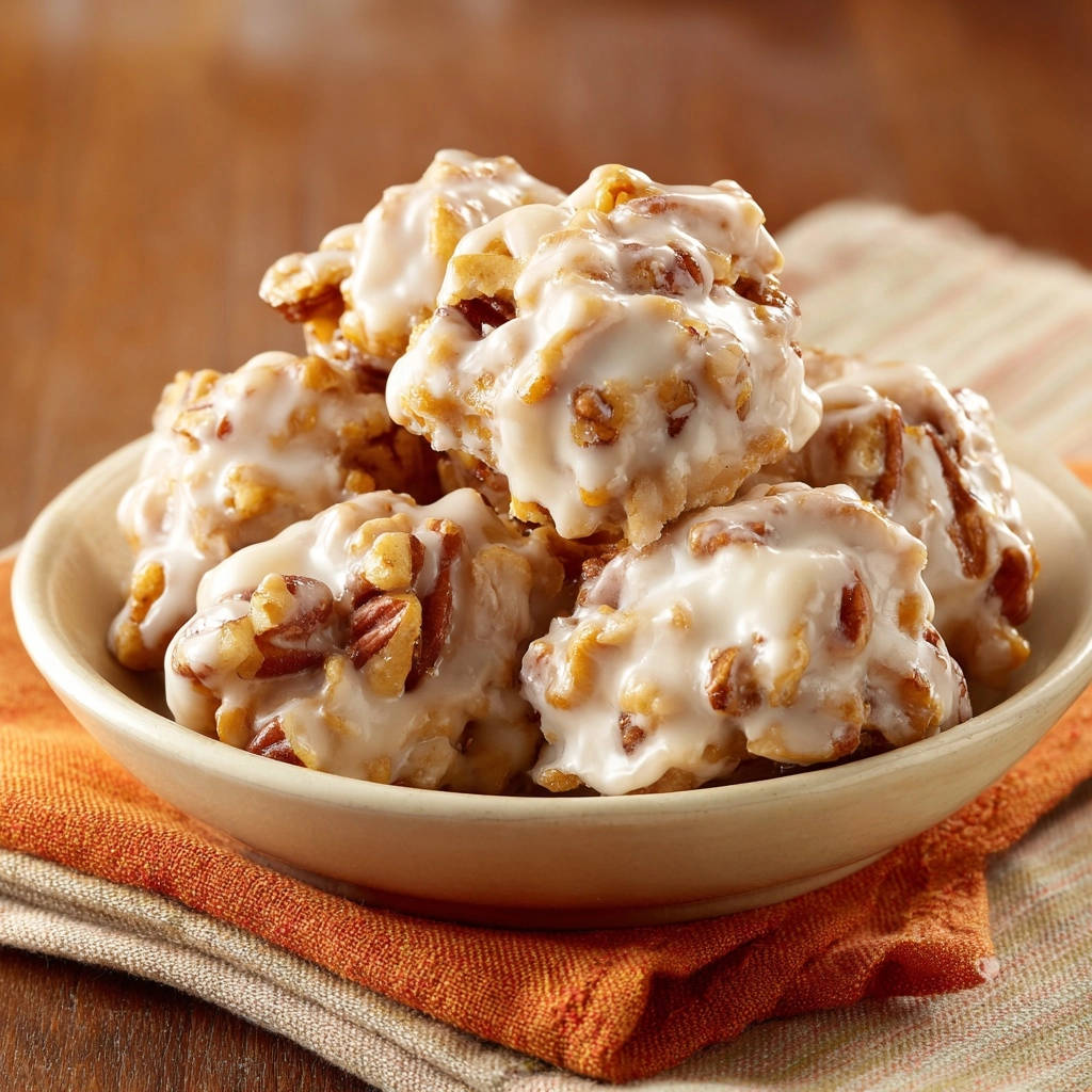 Glazed pecan clusters shown in a close-up view within a light-colored bowl.