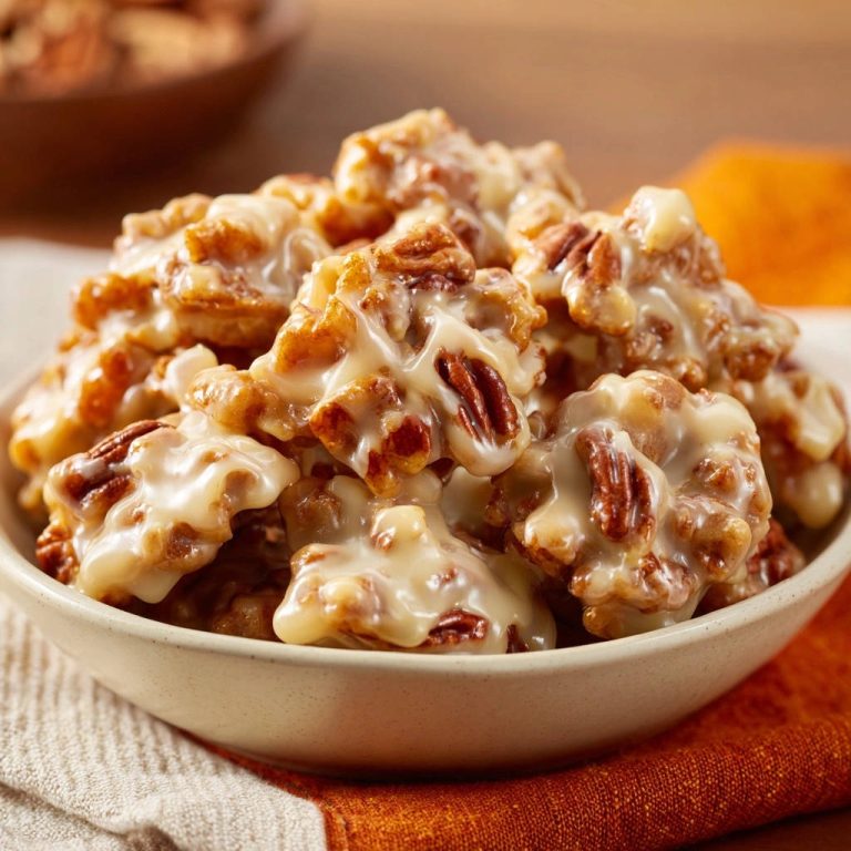 Glazed pecan clusters, a grain-free treat, shown in a close-up detail shot with creamy glaze drizzled over crunchy nuts.