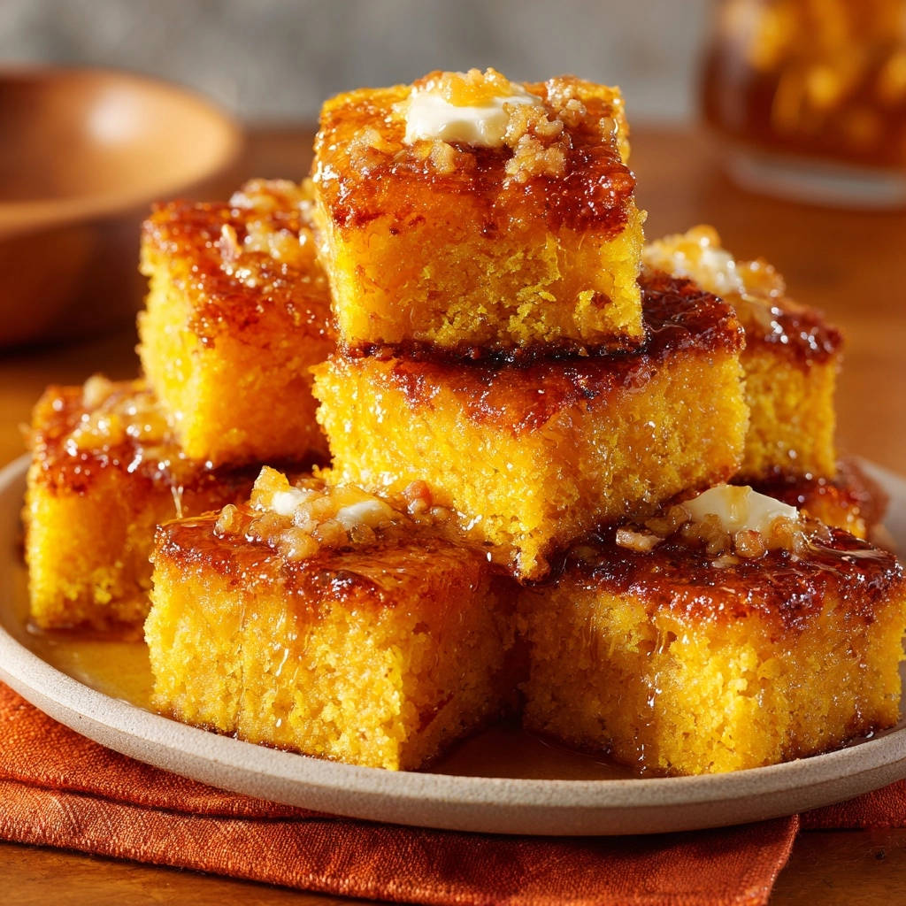 Golden glazed cornbread stacked in cubes, topped with butter and a drizzle of glaze.