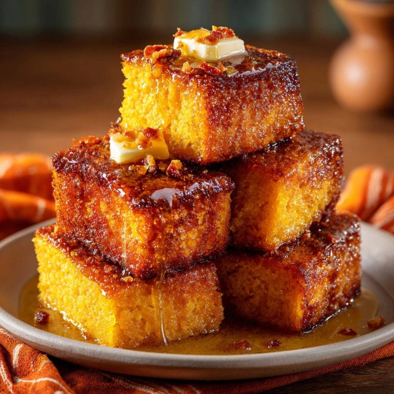 Golden glazed cornbread stacked in cubes, topped with butter and bacon crumbles, showcasing its moist interior and glazed edges.