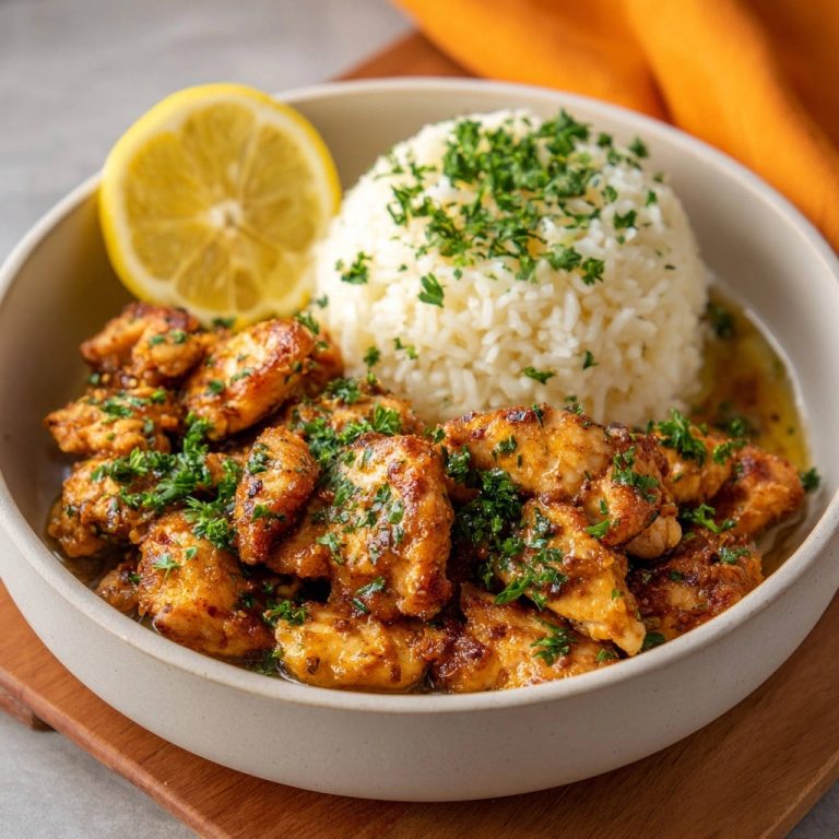 Golden lemon chicken bites served in a bowl with fluffy white rice and a lemon wedge, garnished with fresh parsley.
