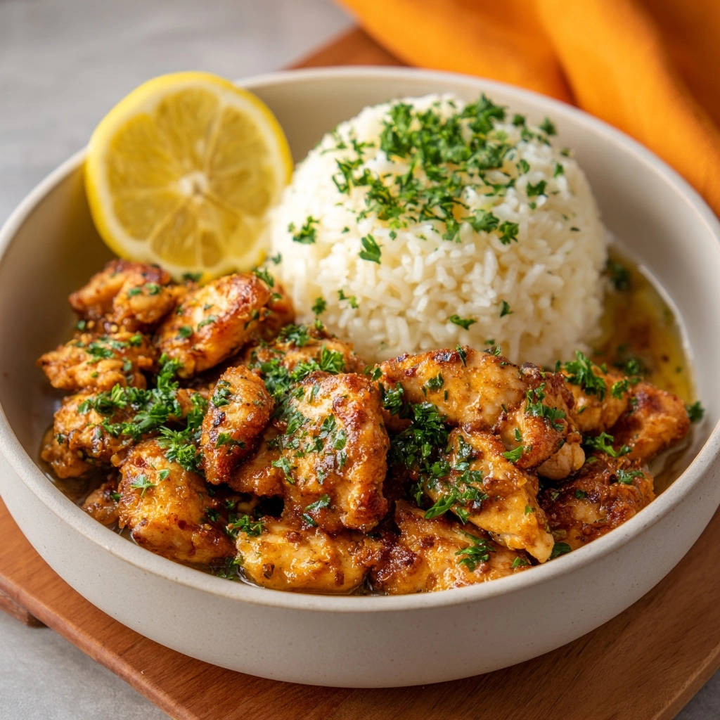Golden lemon chicken bites served in a bowl with fluffy white rice and a lemon wedge, garnished with fresh parsley.