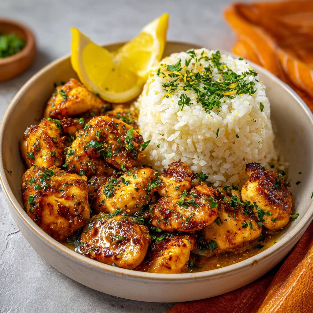 Golden lemon chicken bites served in a bowl with fluffy white rice and a lemon wedge, garnished with fresh parsley.