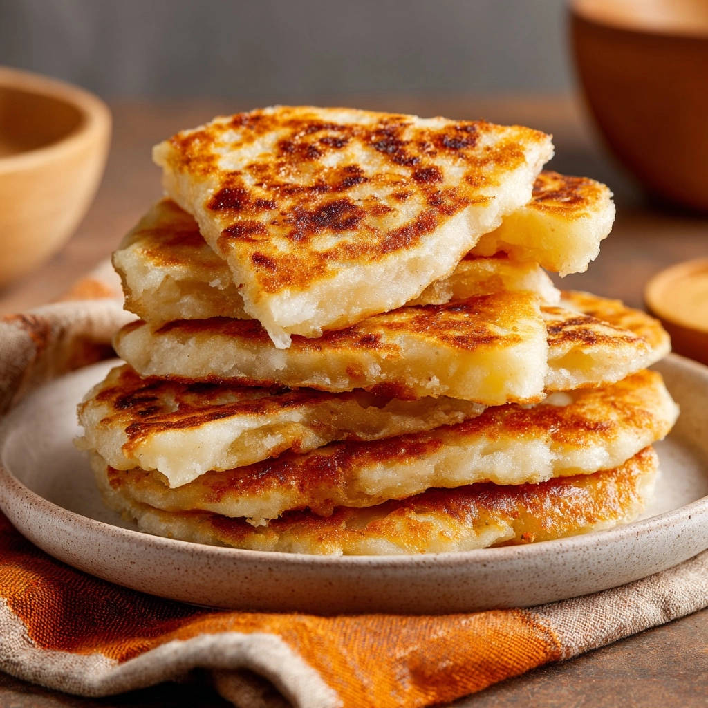 Golden potato pancakes showing a stack with a close-up view of their golden-brown crust and interior.