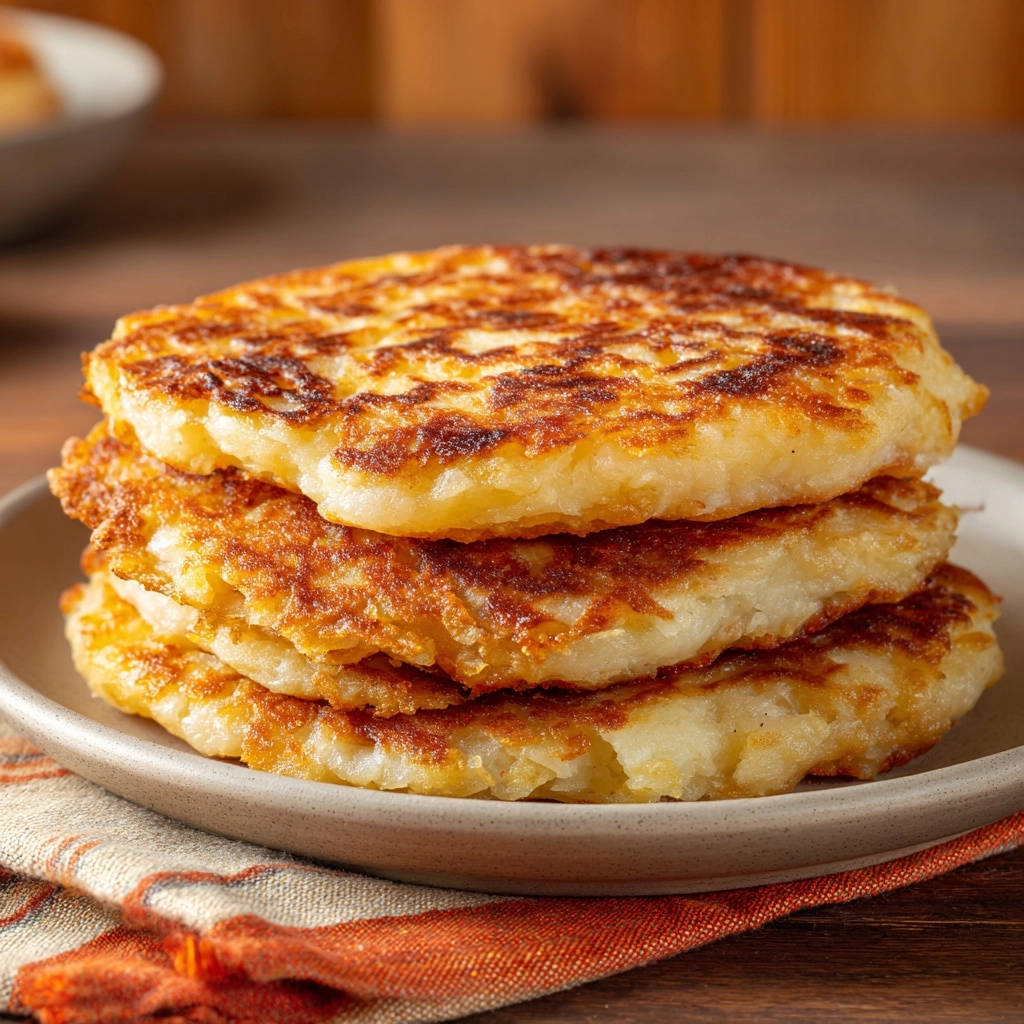 Golden potato pancakes master the crispy, consistent crust, shown stacked in a close-up view on a plate.
