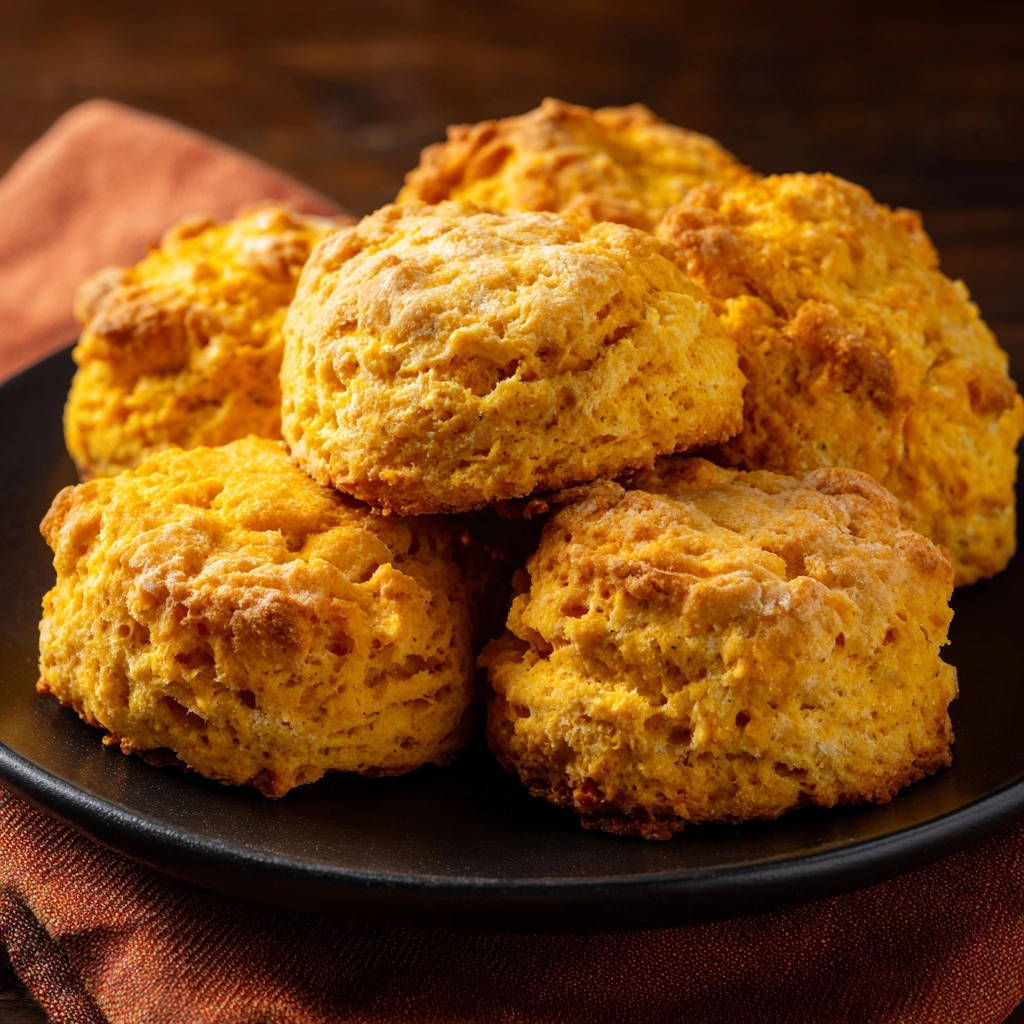 Golden pumpkin drop biscuits stacked on a black plate, showcasing their tender texture and golden-brown tops.