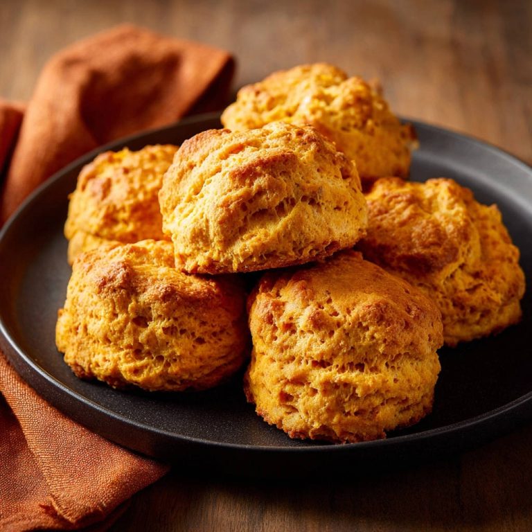 Golden pumpkin drop biscuits are stacked on a dark plate, showcasing their tender texture and rich color.