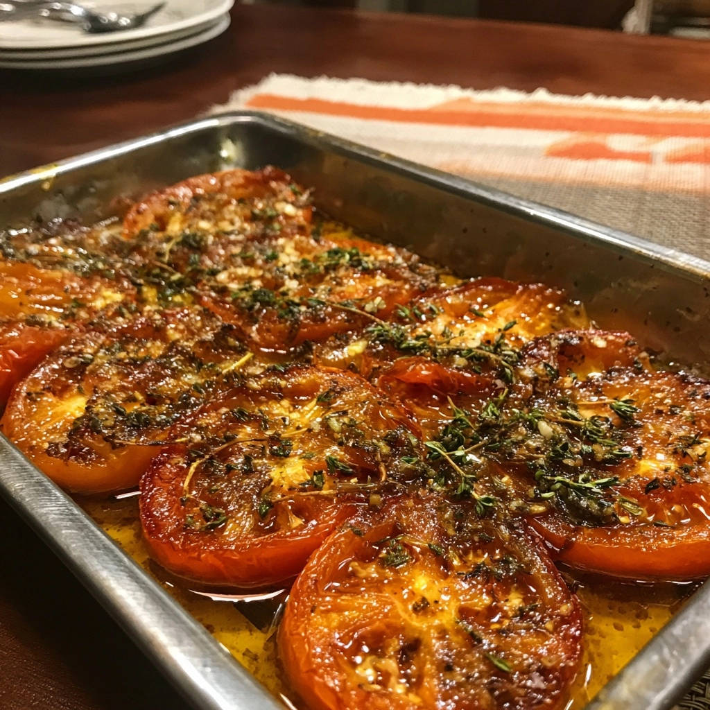 Golden roasted tomatoes in a metal pan, glistening with herbs and olive oil, presented in a close-up view.
