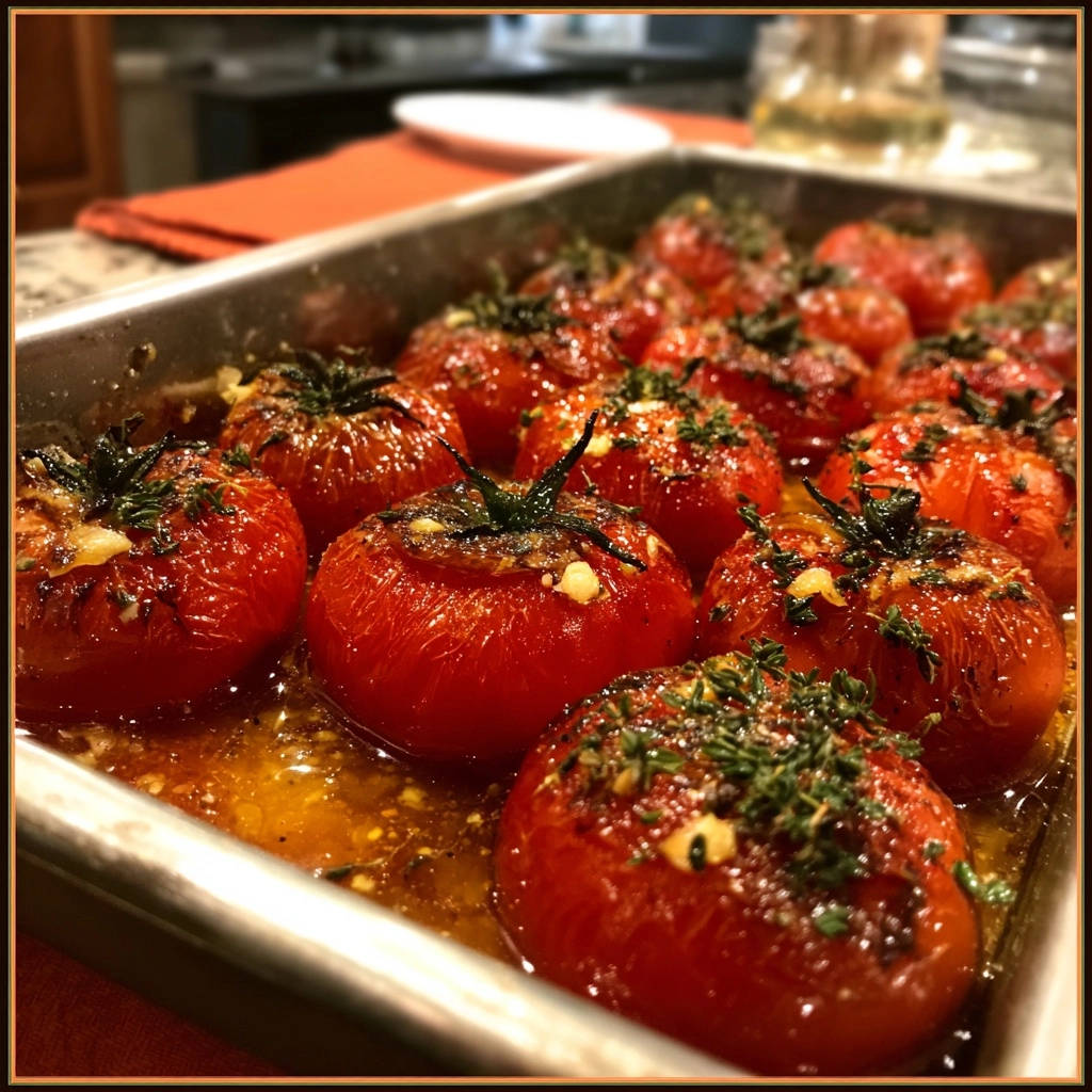 Golden roasted tomatoes seasoned with fresh herbs and garlic, glistening in their juices.