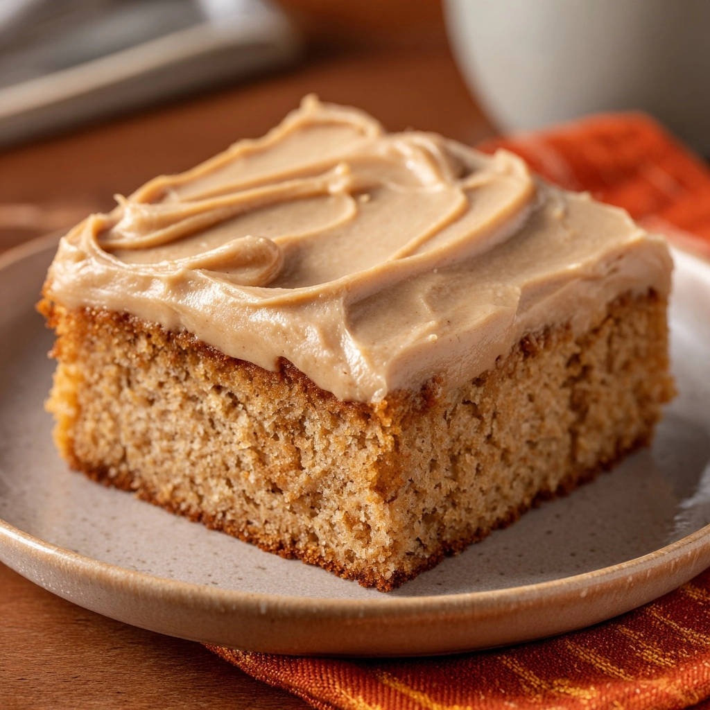 Golden spice cake, a moist slice topped with swirls of creamy cinnamon frosting on a plate.