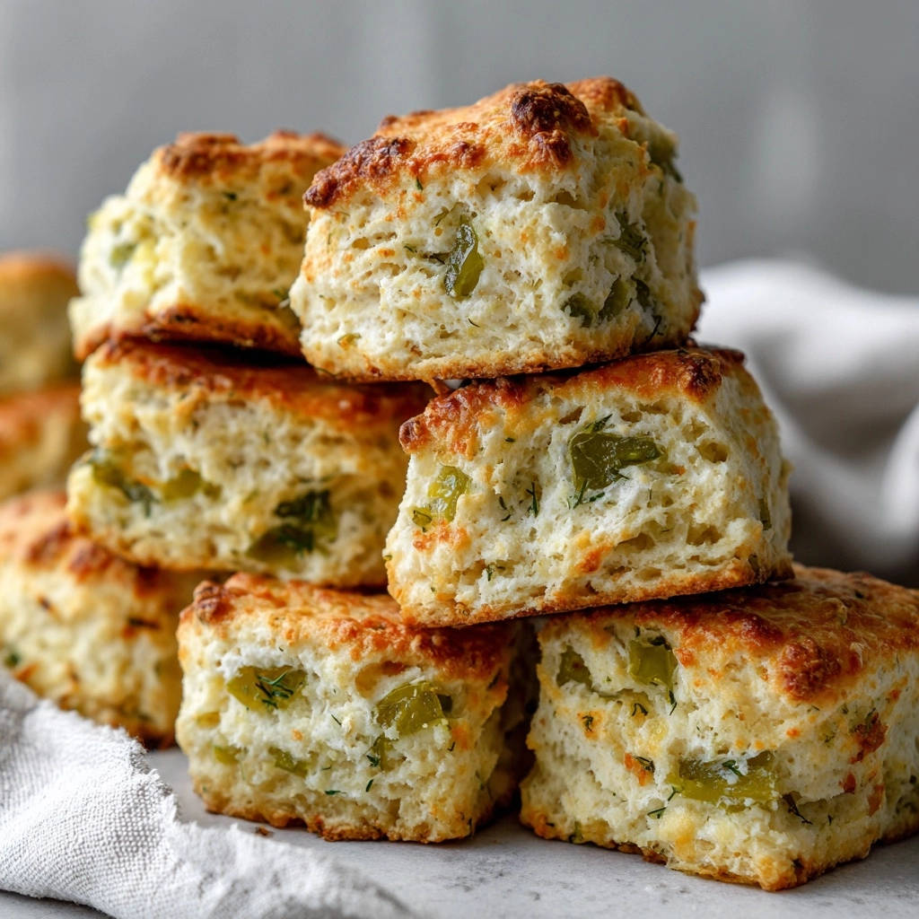 Green chili biscuits stacked up, showing a close-up view of their fluffy interior texture and green pepper pieces.
