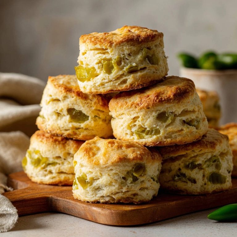 Green chili biscuits stacked in a rustic close-up, showcasing their flaky layers and visible green chili pieces.
