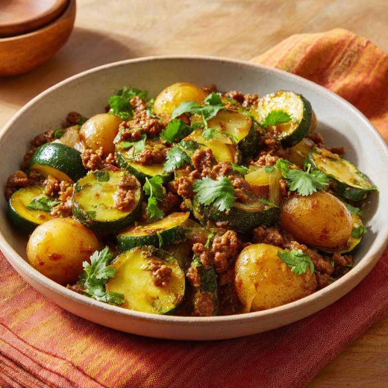 Savory ground beef and zucchini skillet served in a rustic bowl, garnished with fresh cilantro.