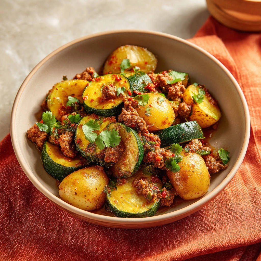 Savory ground beef and zucchini skillet served in a rustic bowl with a close-up overhead view.