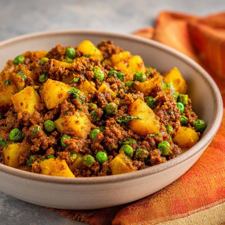 Hearty ground meat & potato skillet shown in a close-up overhead view within a textured bowl.