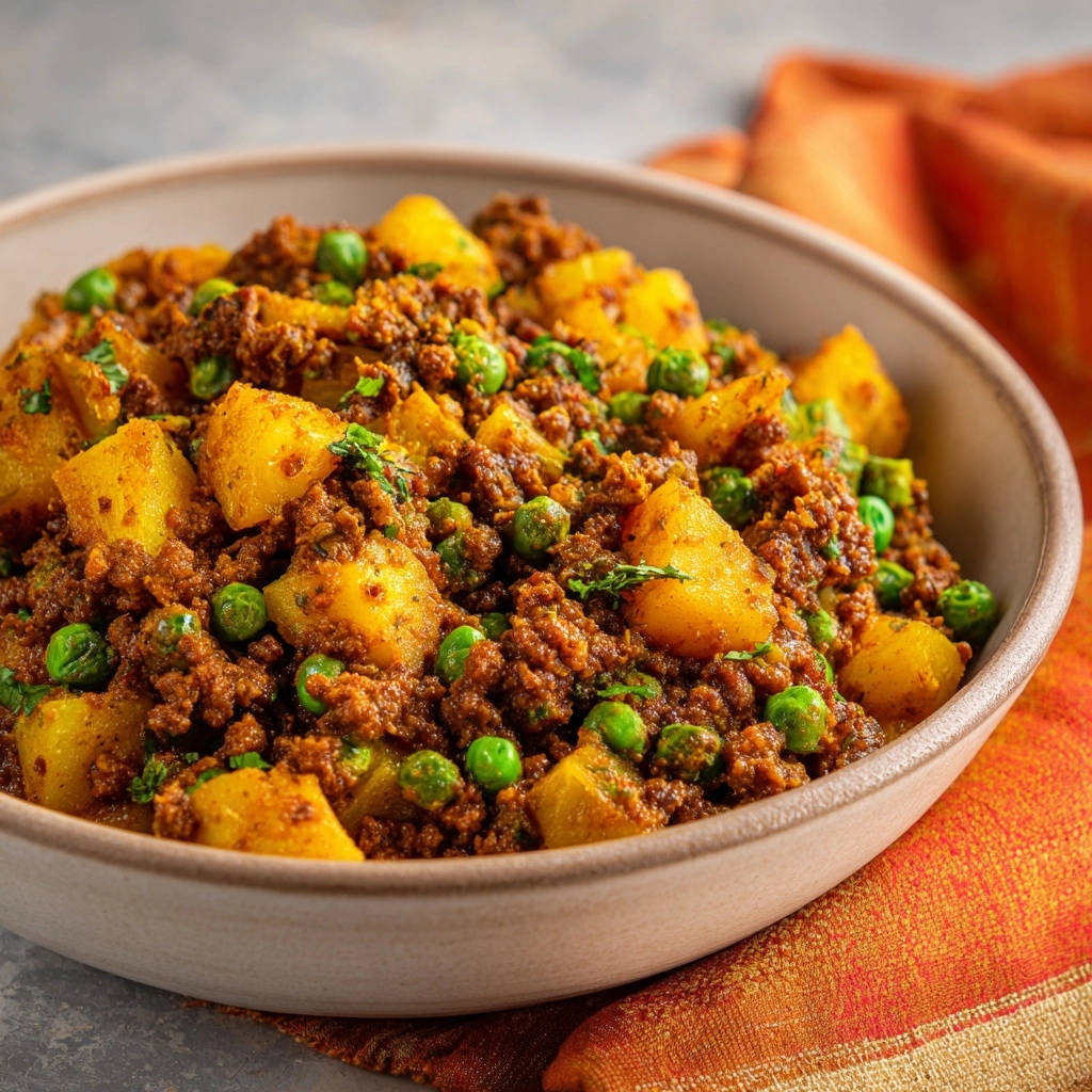 Hearty ground meat & potato skillet shown in a close-up overhead view within a textured bowl.