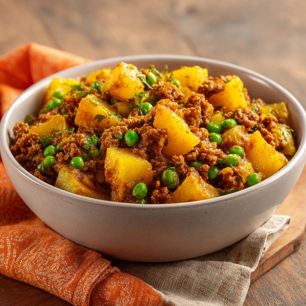 Hearty ground meat & potato skillet served in a close-up view of a rustic bowl, showing tender potatoes and savory mince.