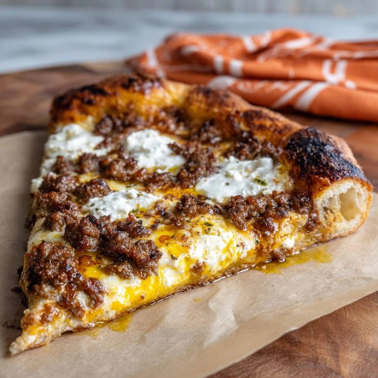 Savory ground meat & ricotta pizza shown as a close-up interior slice revealing its cheesy layers and crust.