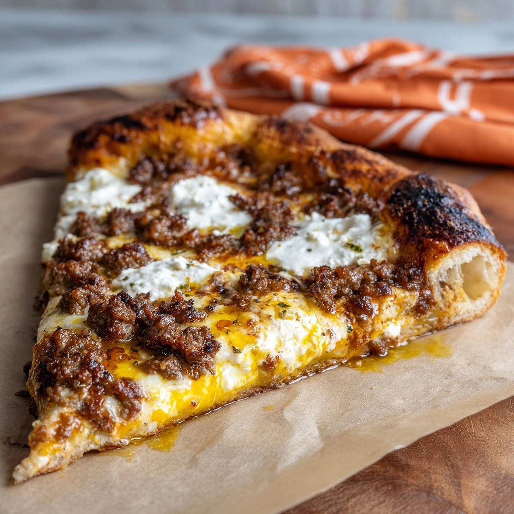 Savory ground meat & ricotta pizza shown as a close-up interior slice revealing its cheesy layers and crust.