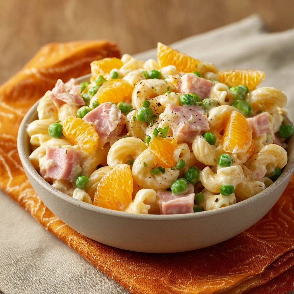Classic Ham & Pea Pasta Salad in a creamy bowl, showing a close-up detail of pasta, ham, peas, and orange slices.