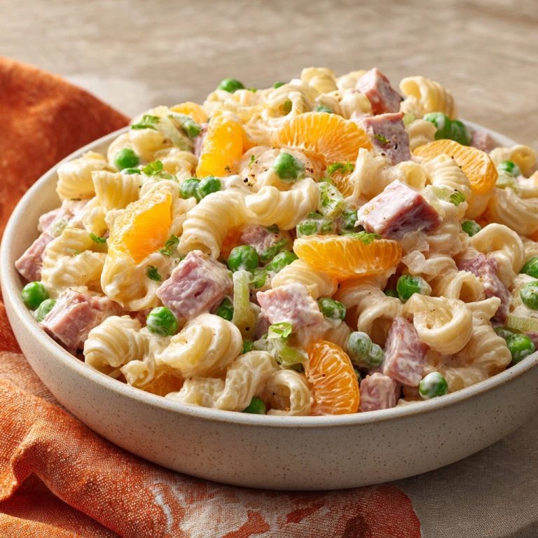 Classic Ham & Pea Pasta Salad is lusciously creamy and served in a close-up detailed bowl with oranges and peas.