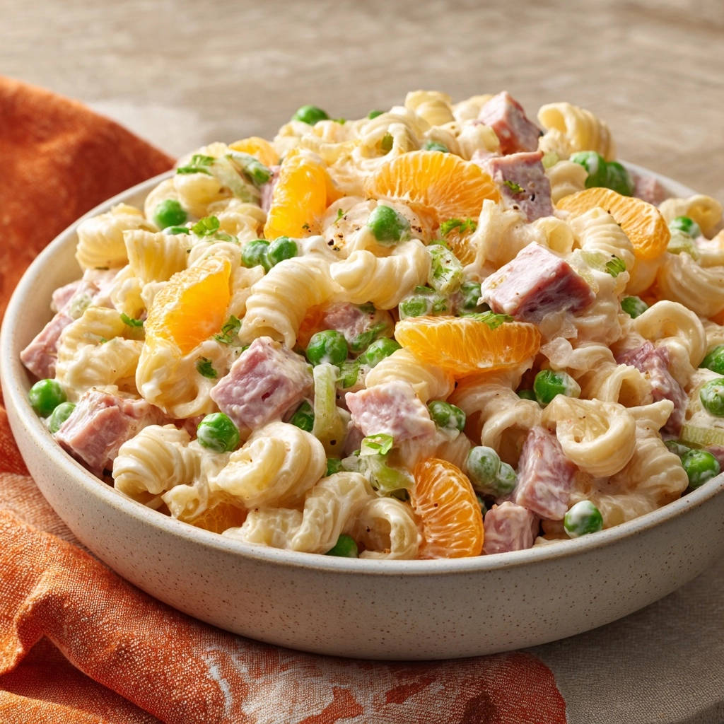 Classic Ham & Pea Pasta Salad is lusciously creamy and served in a close-up detailed bowl with oranges and peas.
